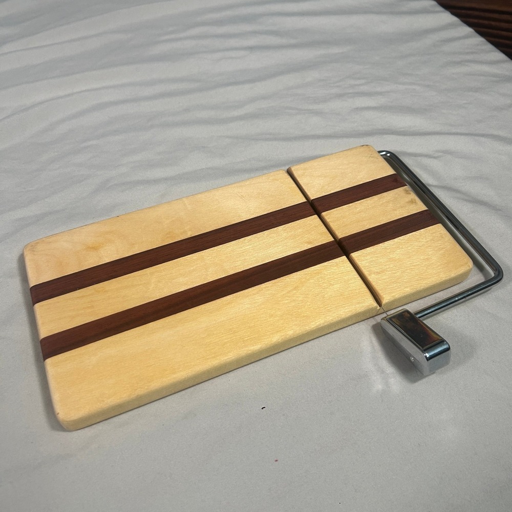 Kevin May Handcrafted Wood Cheese Slicer Board Two Tone Striped Wood Wire Cutter